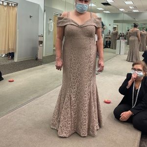David’s Bridal Mother of the Bride/Groom gold off-the-shoulder dress